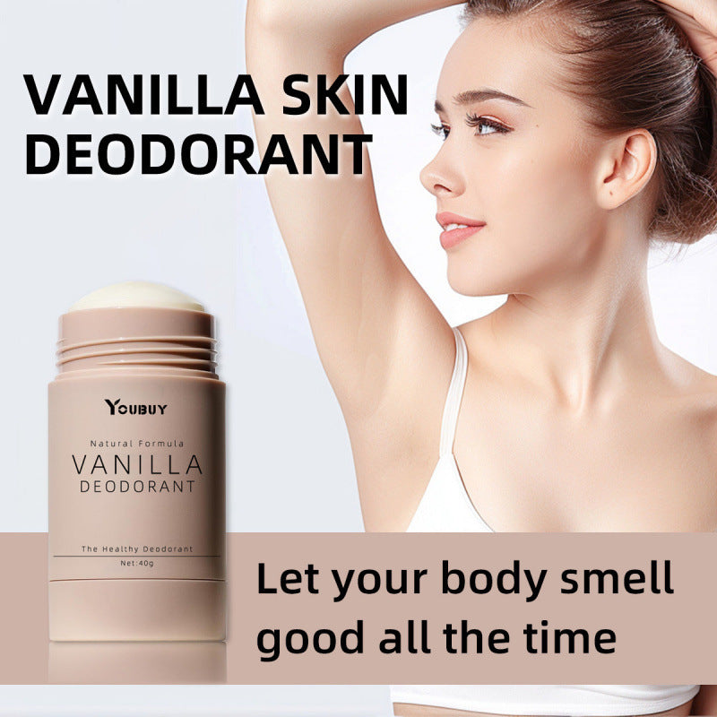 Vanilla skin deodorant with a woman showing her armpit and text promoting the product.