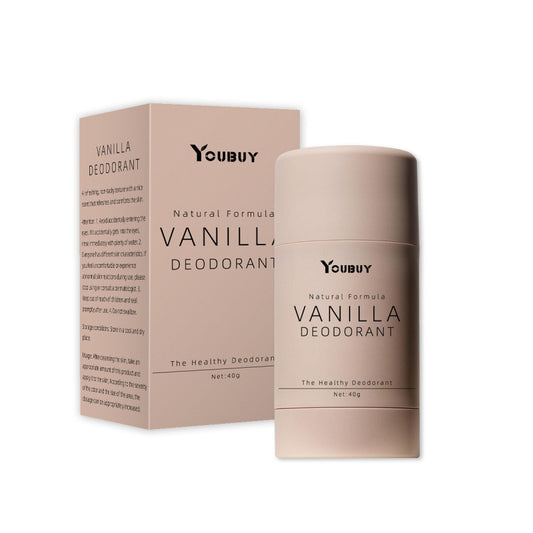 Vanilla deodorant with packaging on a white background
