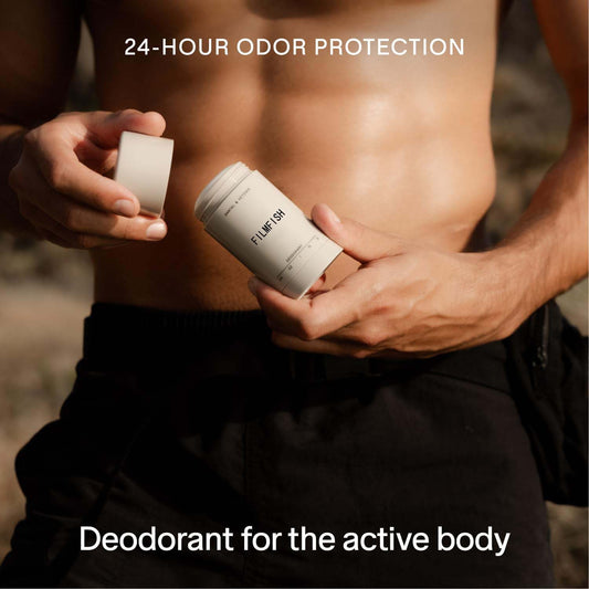 Person holding a deodorant can with '24-Hour Odor Protection' text and 'Deodorant for the active body' text.