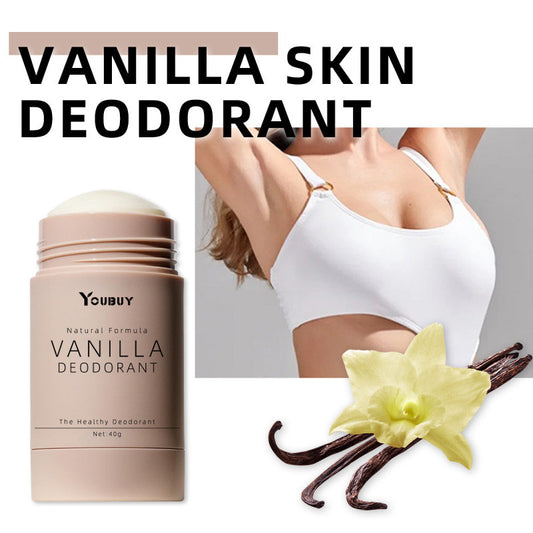 Vanilla skin deodorant with a vanilla flower and vanilla beans on a white background