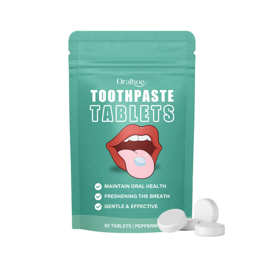 Packaging of Oralthoe toothpaste tablets with a teal background and illustrations of a tongue and teeth.